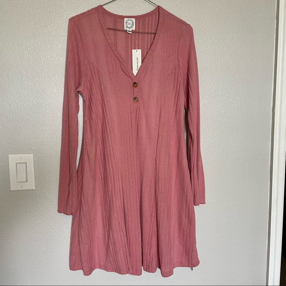 Shift Dress Pink Knee Length Long Sleeve Buttons V-Neck Women’s Small NWT